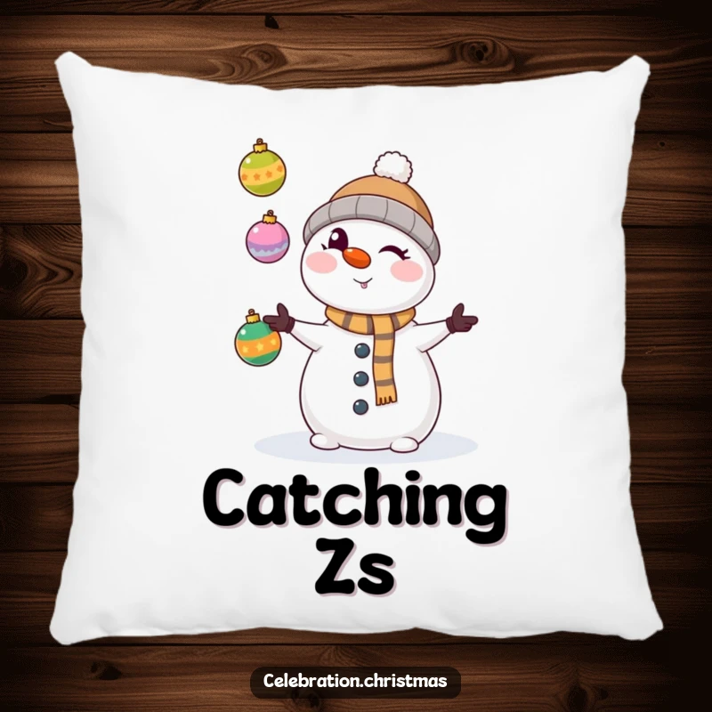 Funny kawaii snowman winking mischievously, juggling colorful Christmas ornaments on a soft pillow, decorative and comfy.