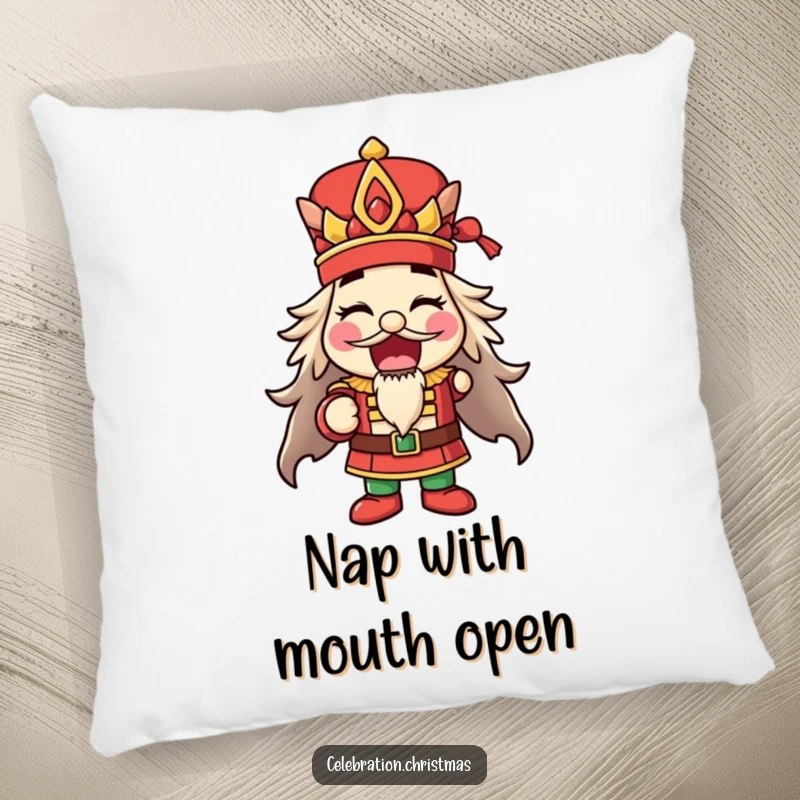 Funny happy nutcracker pillow striking a pose with mouth open, adding festive comfort and a funny gift.