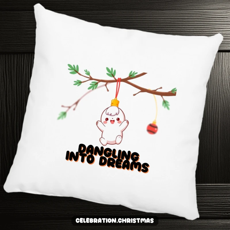 Funny Pillow featuring a happy ornament character spinning gleefully from a festive branch, perfect for holiday home decor.
