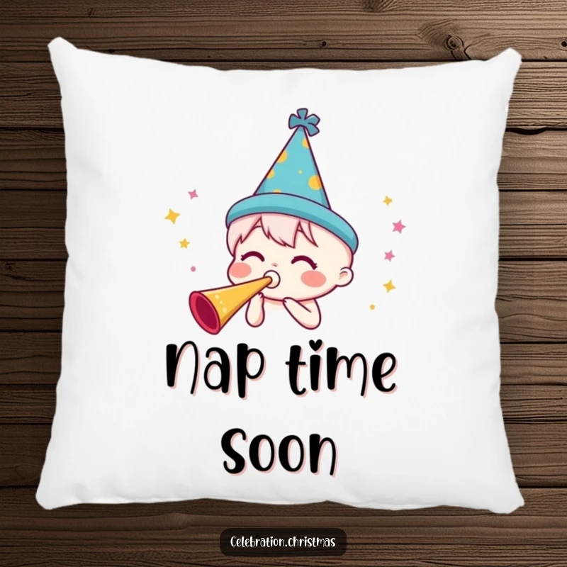 Funny party horn pillow featuring a character in a festive hat blowing a horn, providing comfort and a cheerful party vibe.
