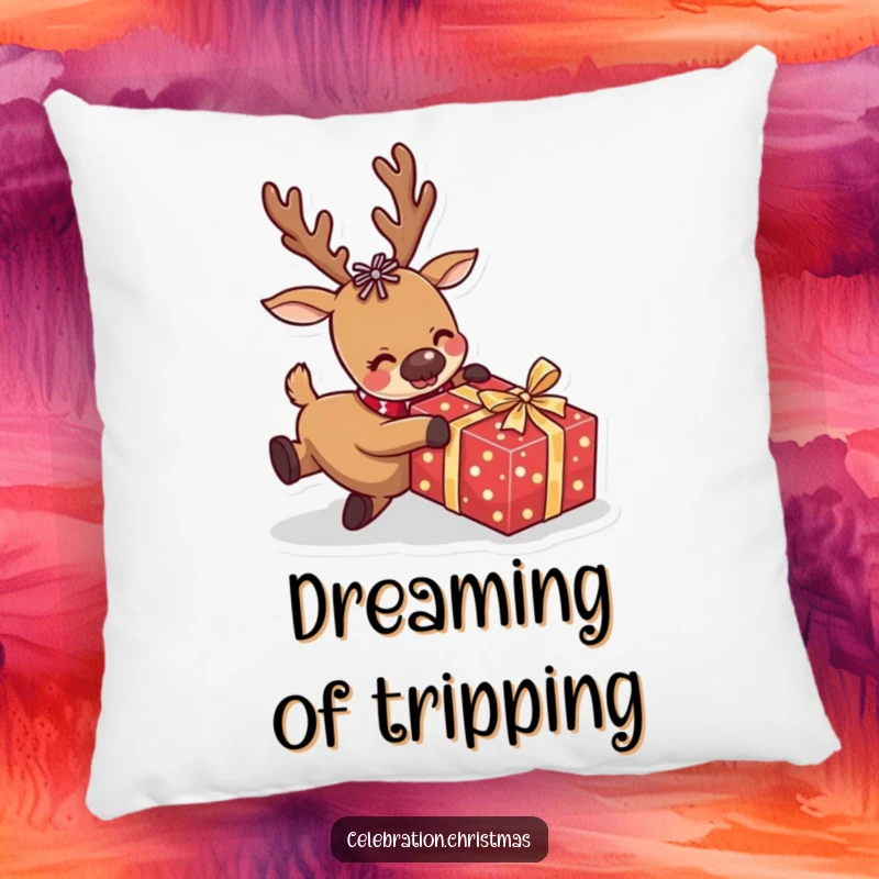Funny reindeer pillow with a comical character tripping over a wrapped gift, adding a touch of humor and coziness to any room.
