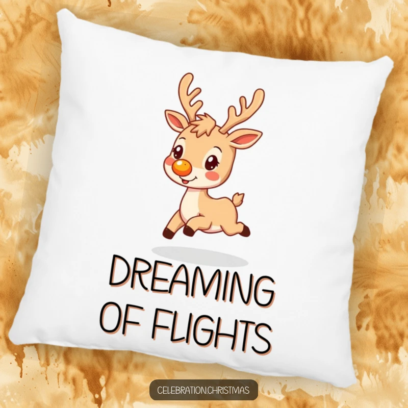Funny decorative pillow featuring a reindeer with a glowing nose, prancing happily, perfect for adding holiday spirit.