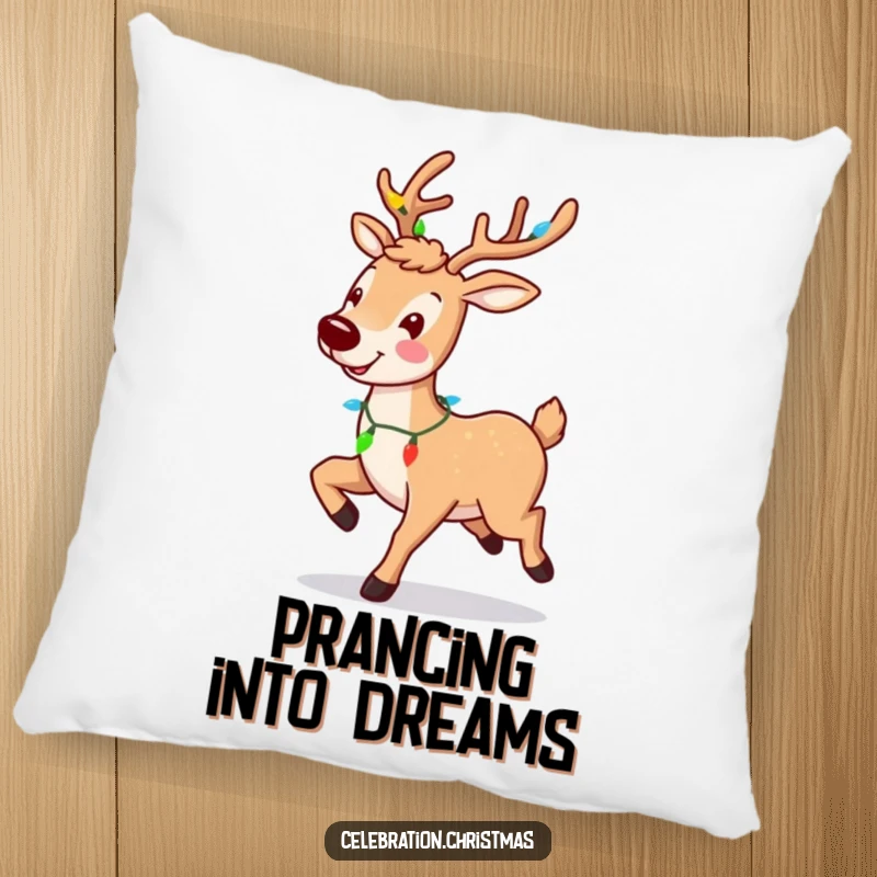 Funny reindeer pillow featuring a smiling, prancing character with a light garland, offering cozy holiday cheer.
