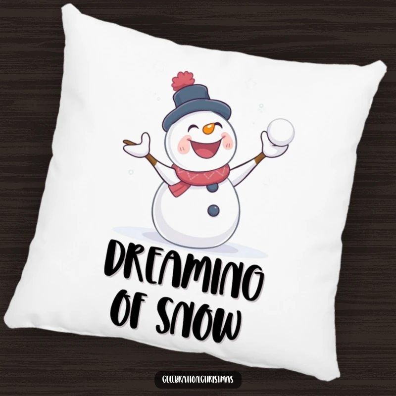 Funny snowman pillow with a character in a happy snowball fight, adding a touch of humor and coziness to any room.