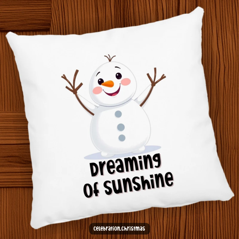 Funny snowman pillow showcasing a happy character with twig arms waving, offering comfort and cheerful winter vibes.