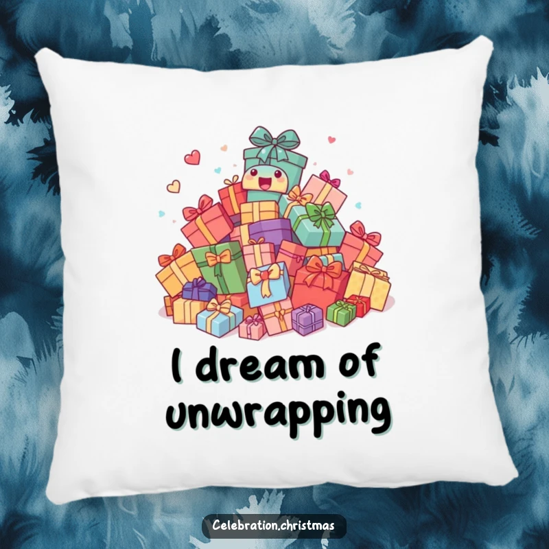 Funny Pillow: Comically bouncing pile of presents, radiating excitement and fun, perfect for adding a playful accent to any room.