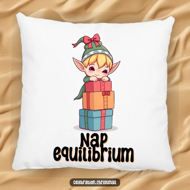 Funny elf pillow with a character struggling to balance a tall stack of gifts, adding a touch of humor and coziness to any room.