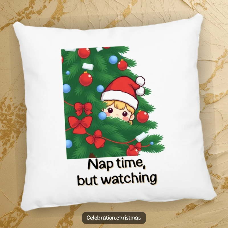 Funny pillow featuring a cute Santa hat character peeking from behind a Christmas tree, offering comfort and holiday laughter.