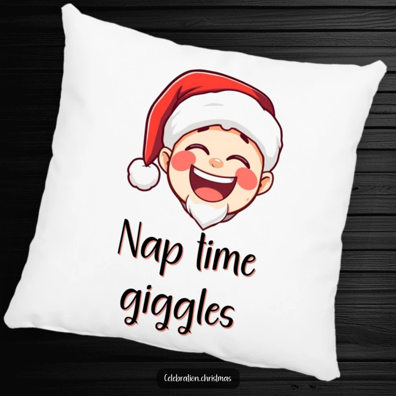 Funny pillow showing a Santa hat character with a huge, booming, joyful laugh, perfect for adding holiday comfort and cheer.