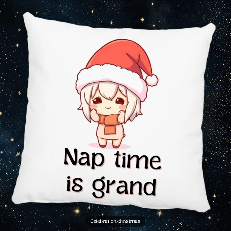 Funny Kawaii Character Pillow: A cute character hilariously tries on a massive festive hat, offering comfort and a giggle.