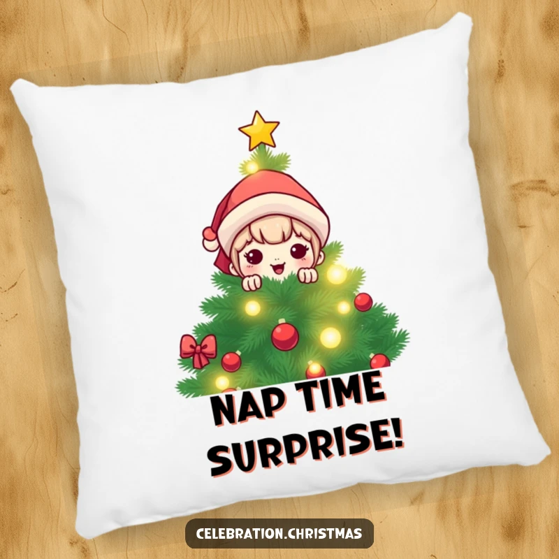 Funny kawaii character peeking from behind a festive, glowing Christmas tree, featured on a comfortable and decorative pillow.