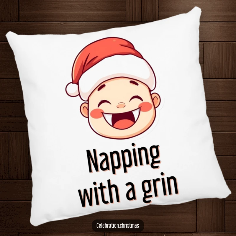 Funny Kawaii Santa Hat Pillow: A cute Santa hat character with a huge, joyful grin and rosy cheeks.