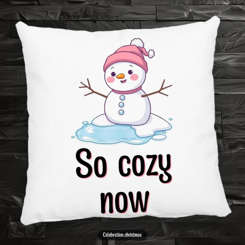 Funny melting snowman pillow featuring a happy character melting into a puddle, providing comfort and a humorous winter theme.