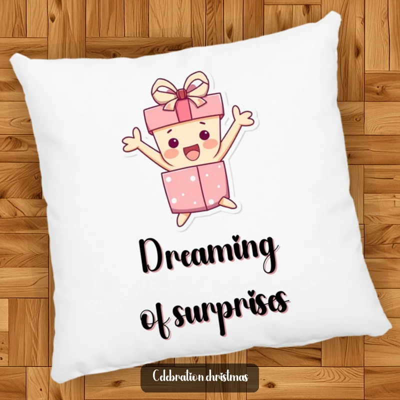 Funny pillow showing a gift box character jumping with excitement, its ribbon askew, perfect for adding cheerful comfort.