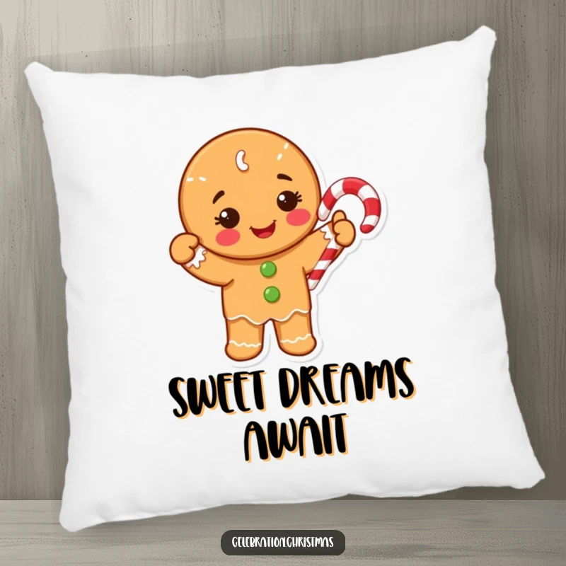 Funny Pillow featuring a happy gingerbread cookie character waving a candy cane, perfect for cozy holiday decoration.