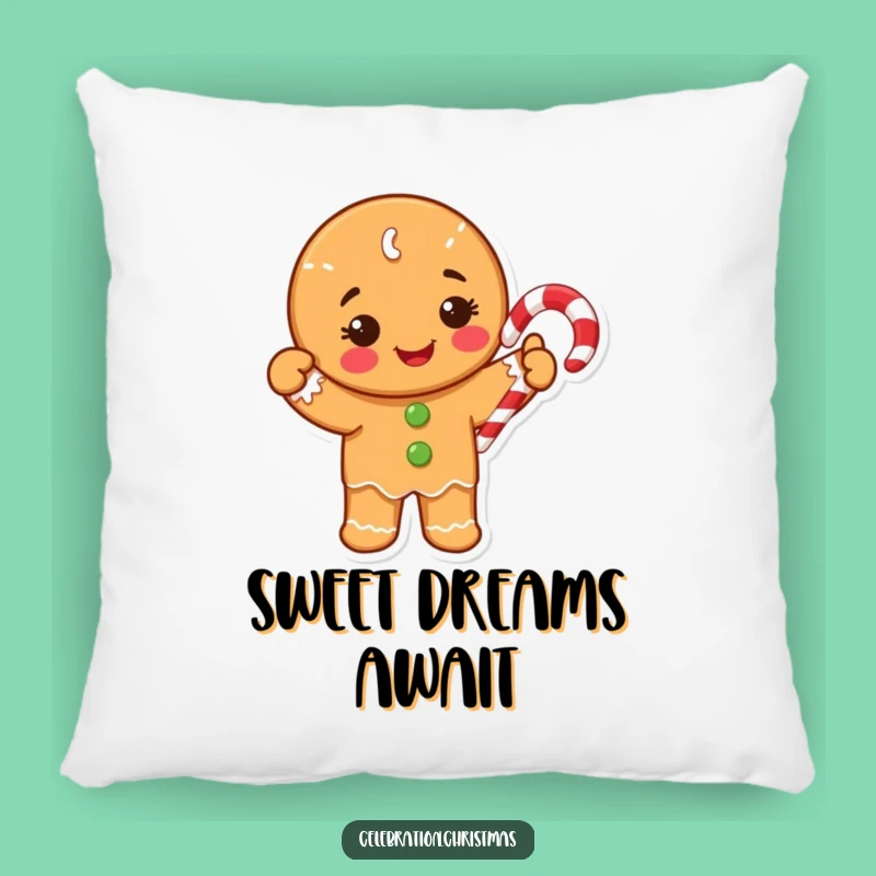 Funny Gingerbread Pillow: Happy Cookie Waving Candy Cane Cozy Accent