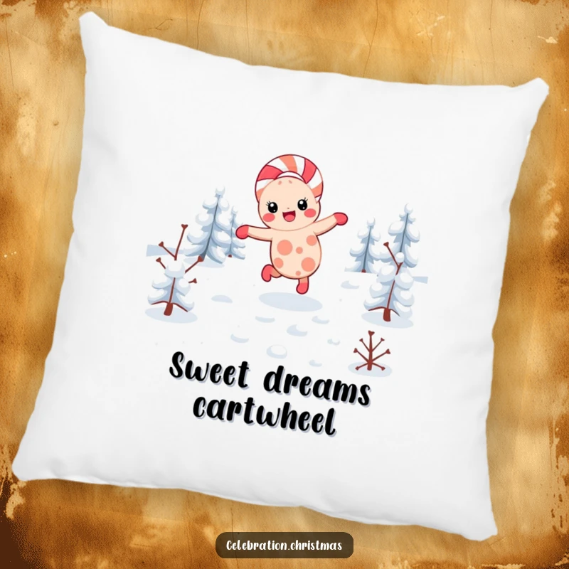 Funny kawaii candy cane pillow featuring a character cartwheeling, perfect for adding festive comfort and holiday cheer.