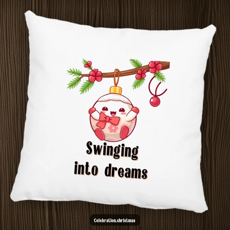 Funny kawaii Christmas ornament pillow featuring a gleeful character swinging, perfect for adding festive comfort and cheer.