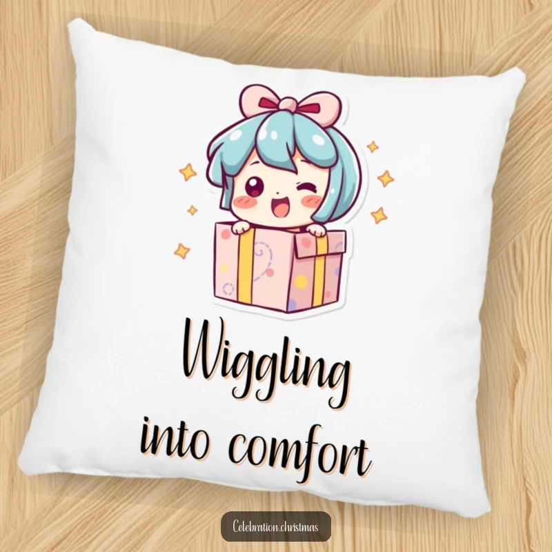Funny pillow featuring a present character bursting open with an excited wiggle, perfect for adding cheer.