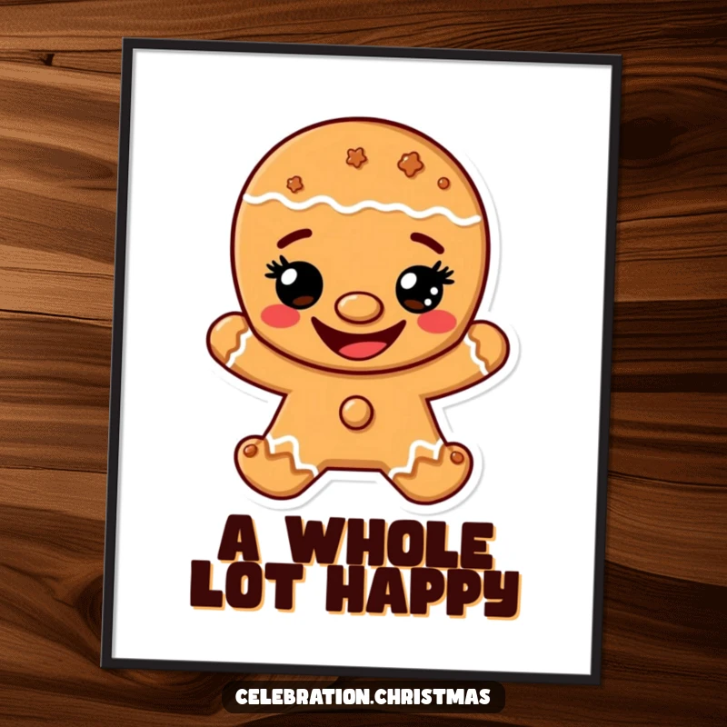 Funny digital art print of a gingerbread man character with a wide, happy cookie grin, spreading holiday cheer.