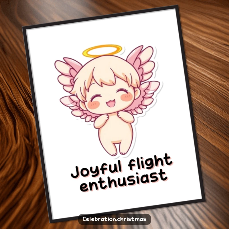 Funny Angel Digital Art Print showing a character with wings flapping joyfully, perfect for heavenly and humorous decor.