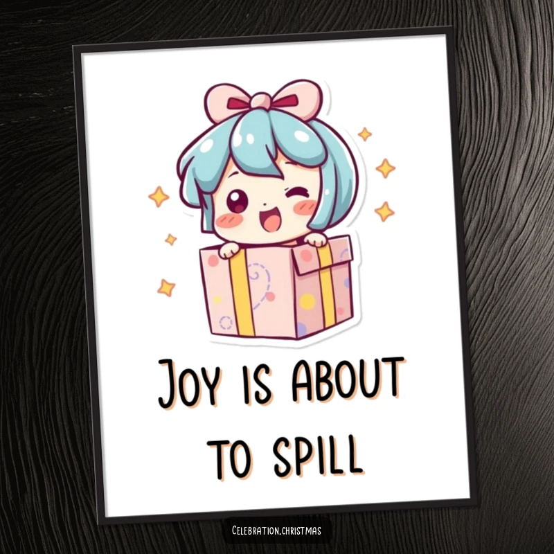 Funny digital art print of a present character bursting open with an excited wiggle, ready for instant festive display.