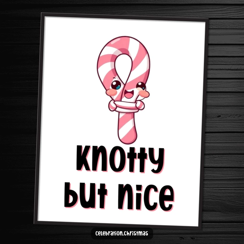 Funny candy cane digital art print, showing a cheerful candy cane comically trying to tie itself into a knot, ready for printing.
