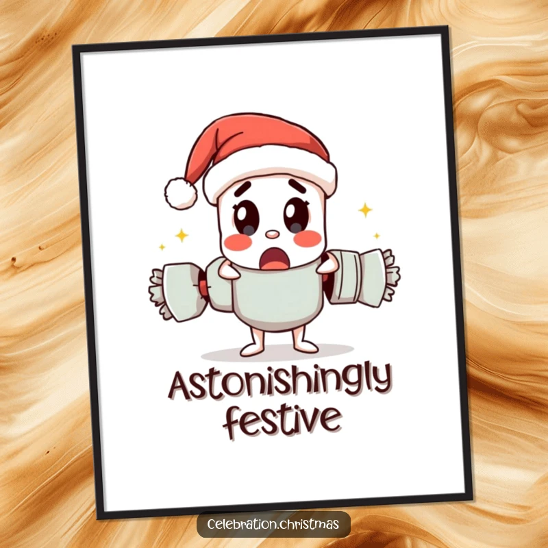 Funny digital art print of a Christmas cracker character pulling itself apart with a surprised look, ready for instant display.