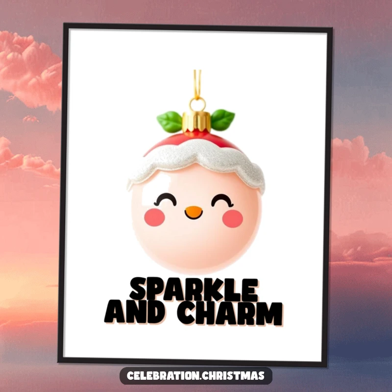 Funny cute Christmas ornament digital art print featuring a cheerful, sparkling face, ideal for festive wall decor, a funny gift.