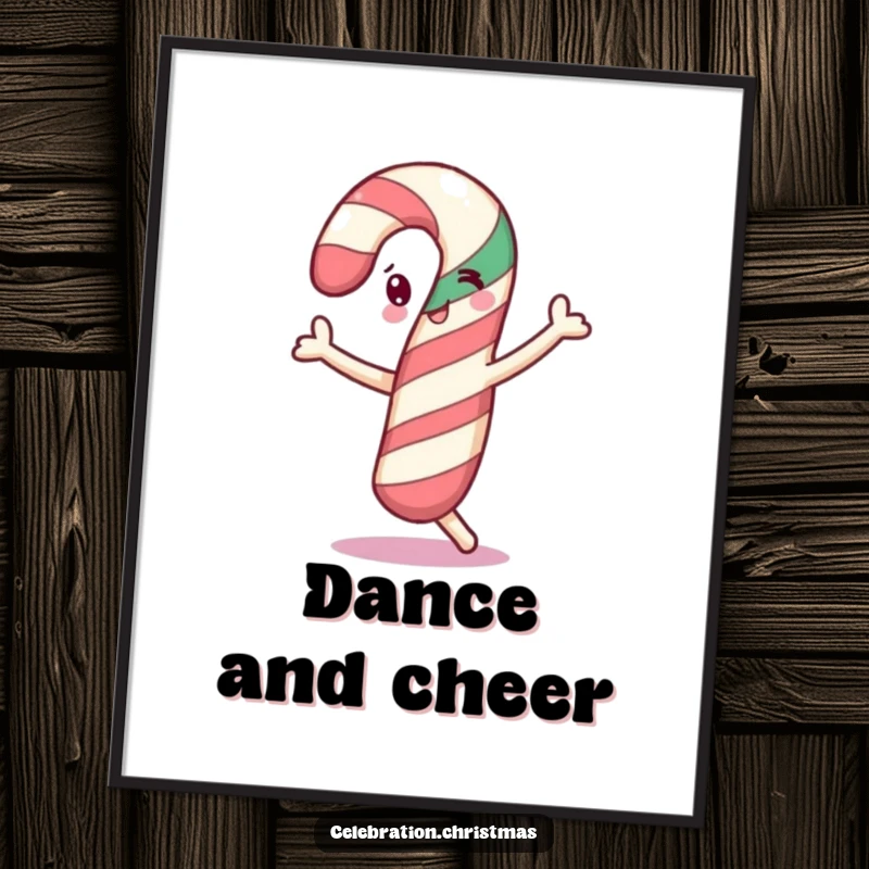 Funny cheerful candy cane digital art print doing a little dance, ideal for holiday decor, a funny gift.
