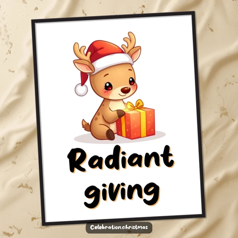 Funny digital art print of a cute deer in a Santa hat unwrapping a glowing gift, embodying festive spirit and holiday magic.