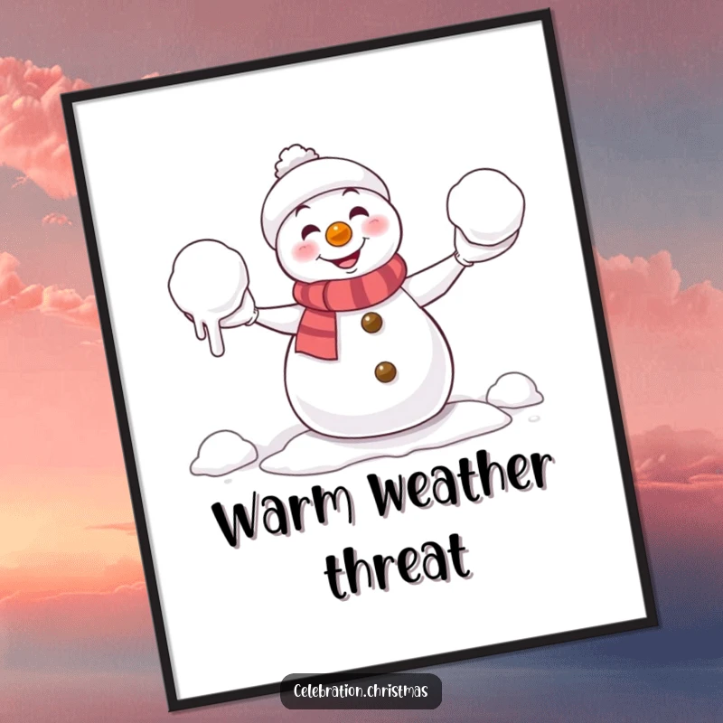 Funny Digital Art Print: Comical illustration of a snowman juggling melting snowballs, capturing a moment of playful winter chaos.