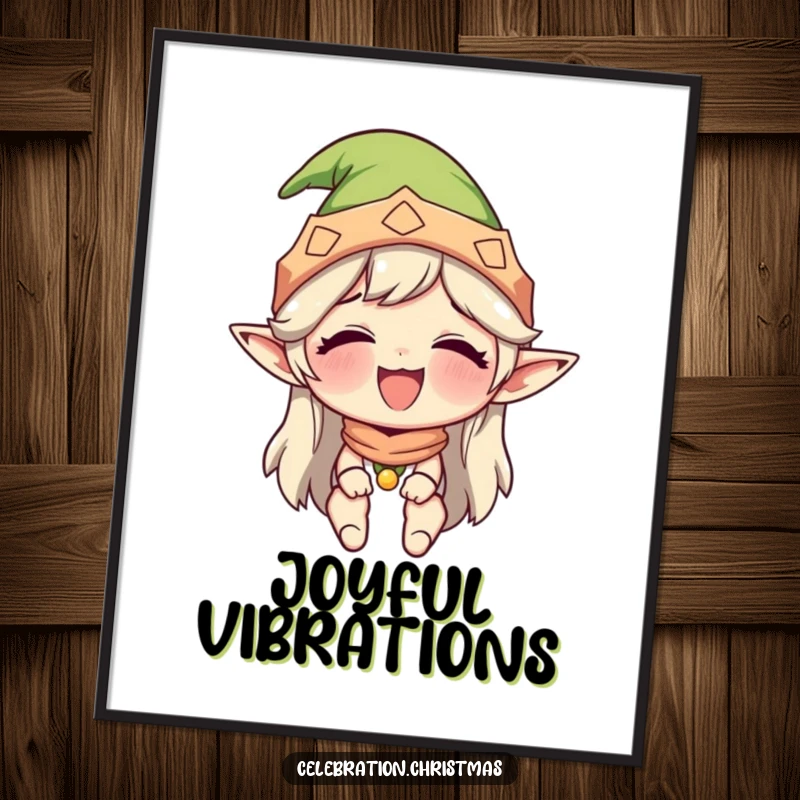 Funny digital art print of a character in an elf hat, giggling uncontrollably, capturing infectious holiday spirit and visual humor.
