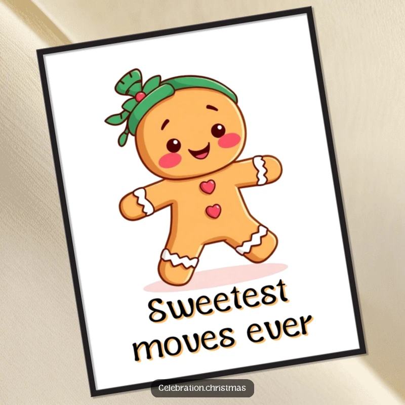 Funny digital art print of a gingerbread person character doing a merry jig, perfect for instant festive decor.