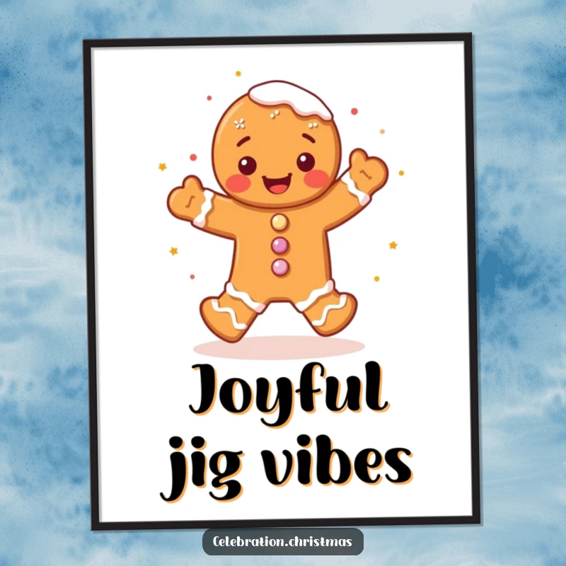 Funny gingerbread man digital art print of a cute character doing a joyful jig with frosting sprinkles, a festive and humorous instant download.