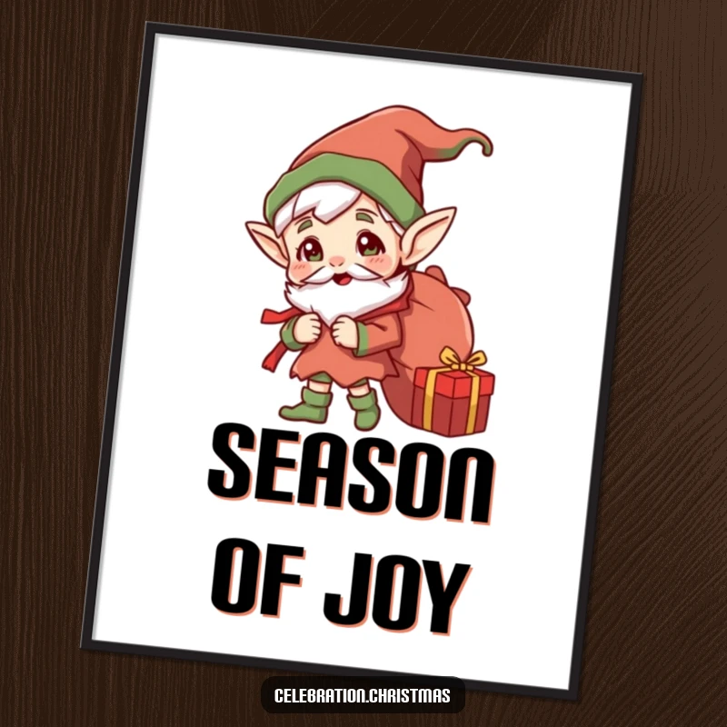 Funny Jolly Elf Digital Art: High-resolution art of a cheerful elf with a sack full of gifts, ready for digital display.