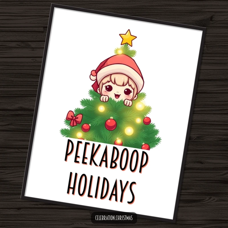 Funny kawaii character peeking from behind a brightly lit Christmas tree, a humorous digital art print for instant festive cheer.