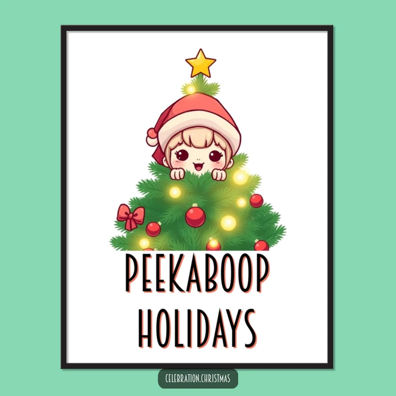 Funny Kawaii Christmas Tree Peek Digital Print: Instant Holiday Decor & Joy