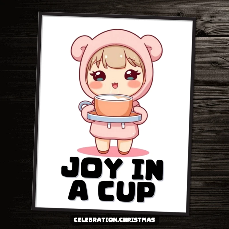 Funny digital art print of a cute kawaii character holding a tray of steaming hot cocoa, perfect for adding instant adorable humor.