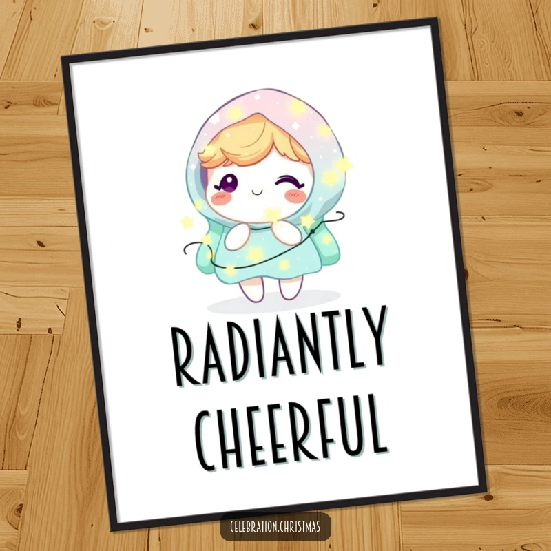 Funny Kawaii Character Digital Art: A cute character joyfully glows, wrapped in a magical array of twinkling fairy lights.