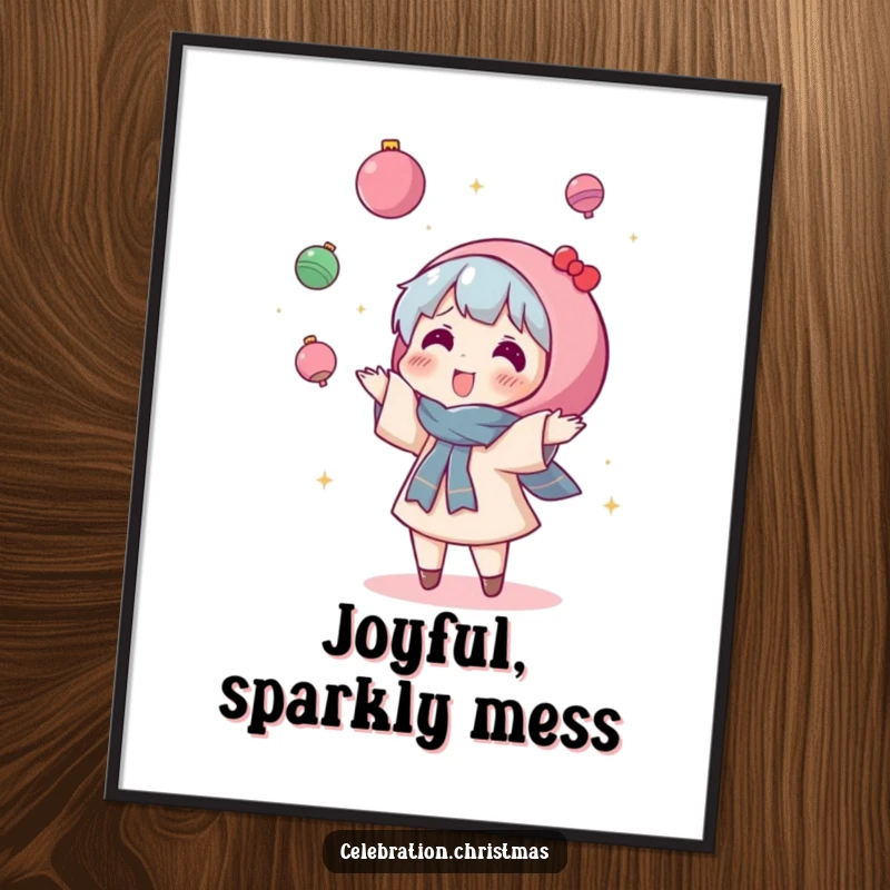 Funny Kawaii Character Digital Art: A cute character gleefully tosses ornaments with abandon, capturing pure holiday celebration.