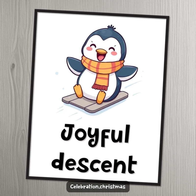 Funny Kawaii penguin digital art print of a cute penguin in a scarf sliding down a snowy hill, instant download.