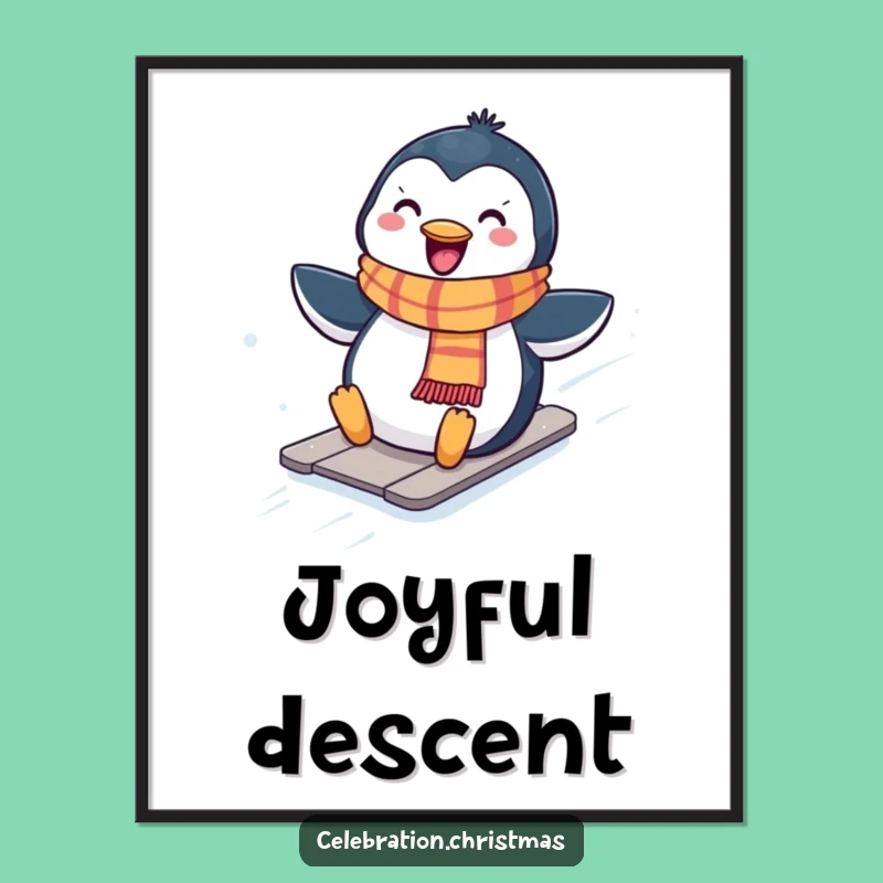 Funny Kawaii Penguin Sliding Digital Print, Winter Art, Humorous Gift