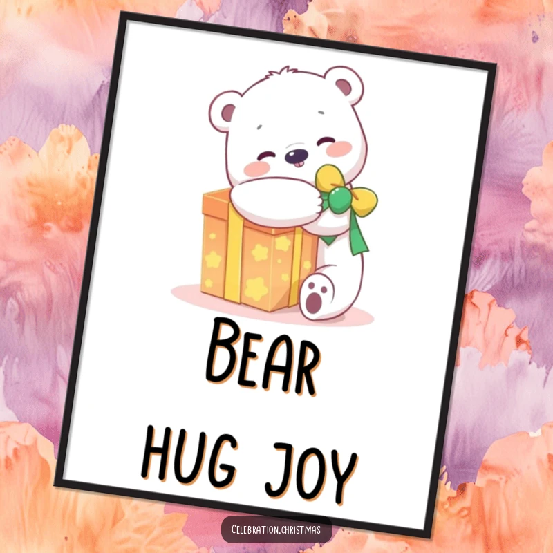 Funny kawaii polar bear digital art print showing a joyful character hugging a glowing present, perfect for cheerful wall art.