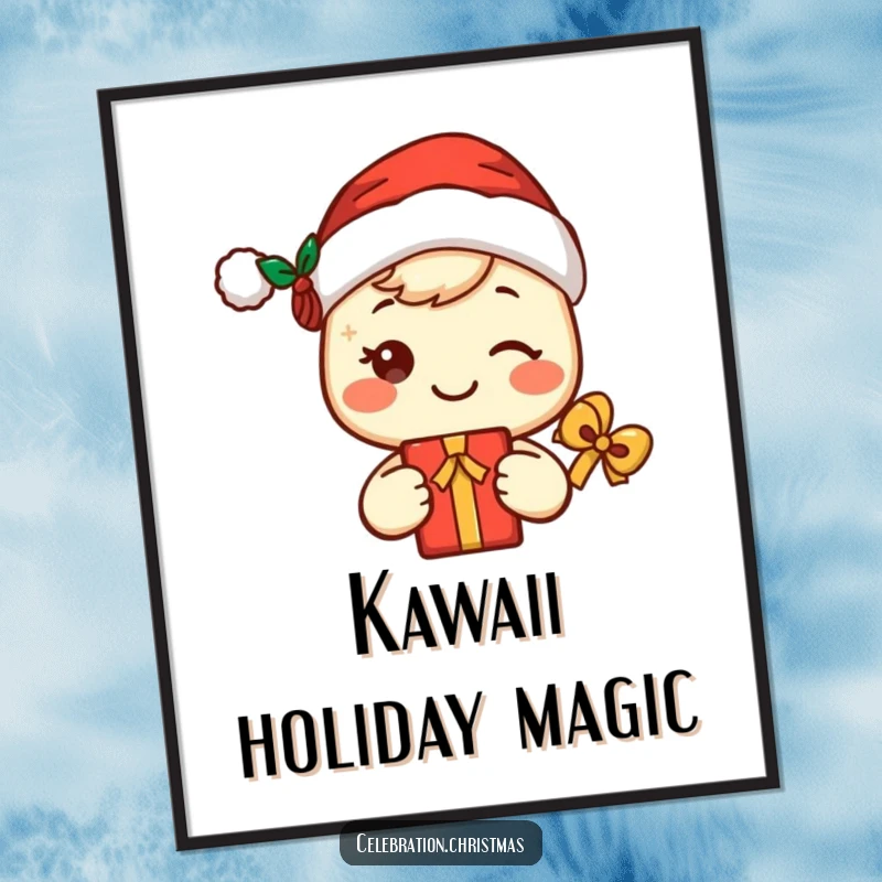 Funny kawaii Santa digital art print of a cute, smiling character with a Santa hat and gift, offering instant holiday charm.