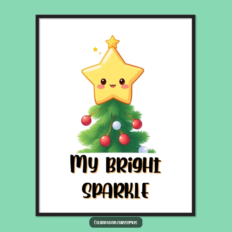 Funny Kawaii Star Topper Digital Art - Twinkling Tree Print Gift!