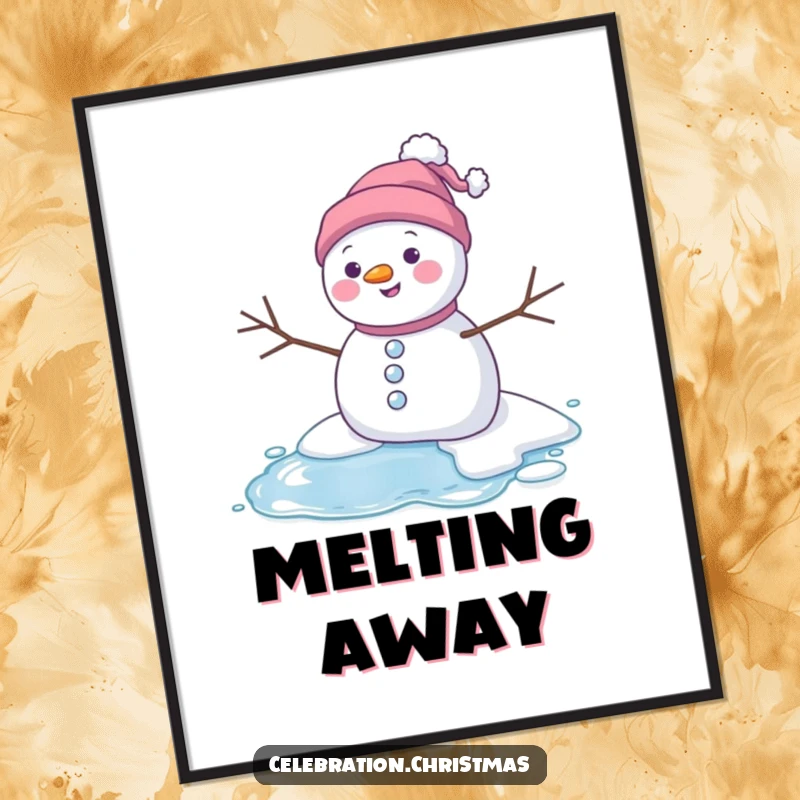 Funny melting snowman digital art print showing a character happily melting into a puddle, offering instant winter humor and unique decor.