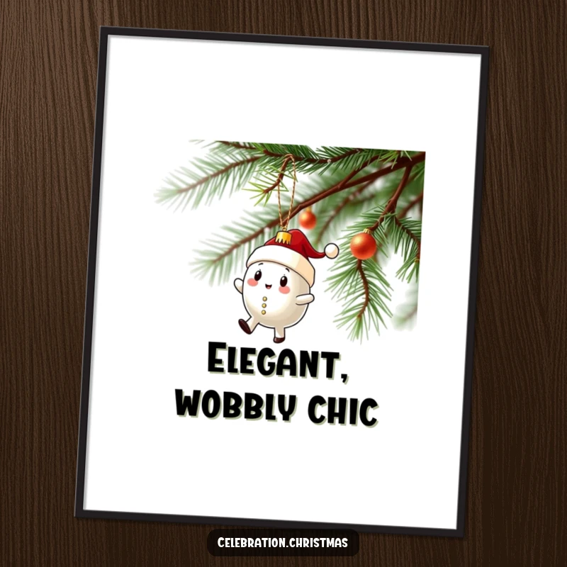 Funny digital art print of a Christmas ornament character in a hilarious wobbly spin on a branch, ready for instant display.