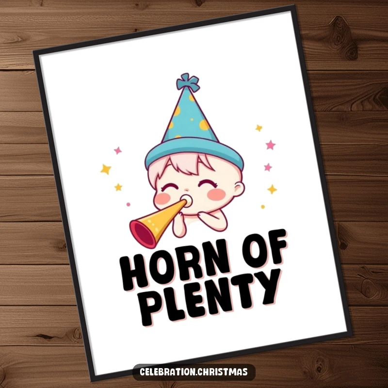 Funny party horn digital art print with a character in a festive hat blowing a horn, offering instant festive decor and a celebratory mood.
