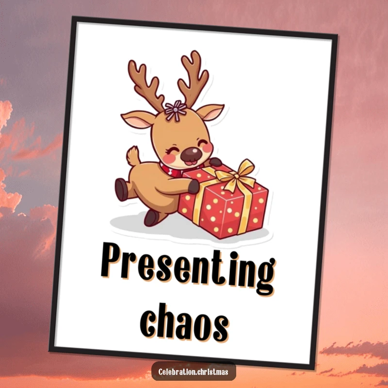 Funny reindeer digital art print of a comical character tripping over a wrapped present, a humorous and festive instant download.